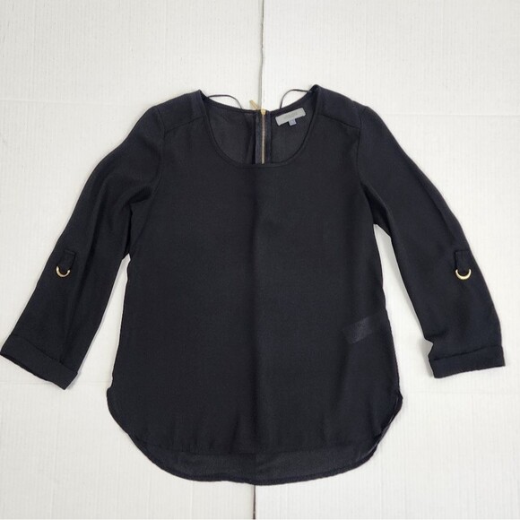 Apology London Black Top Blouse Back Gold Zip High-low Roll-tab Sleeve Size S - Picture 14 of 14